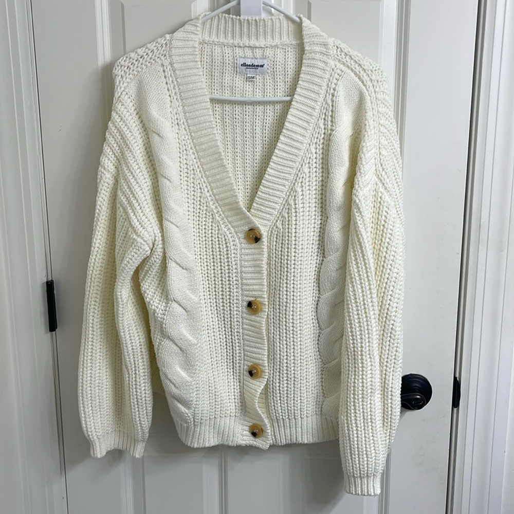 Cream Cable Knit Cardigan Sweater with V-Neck